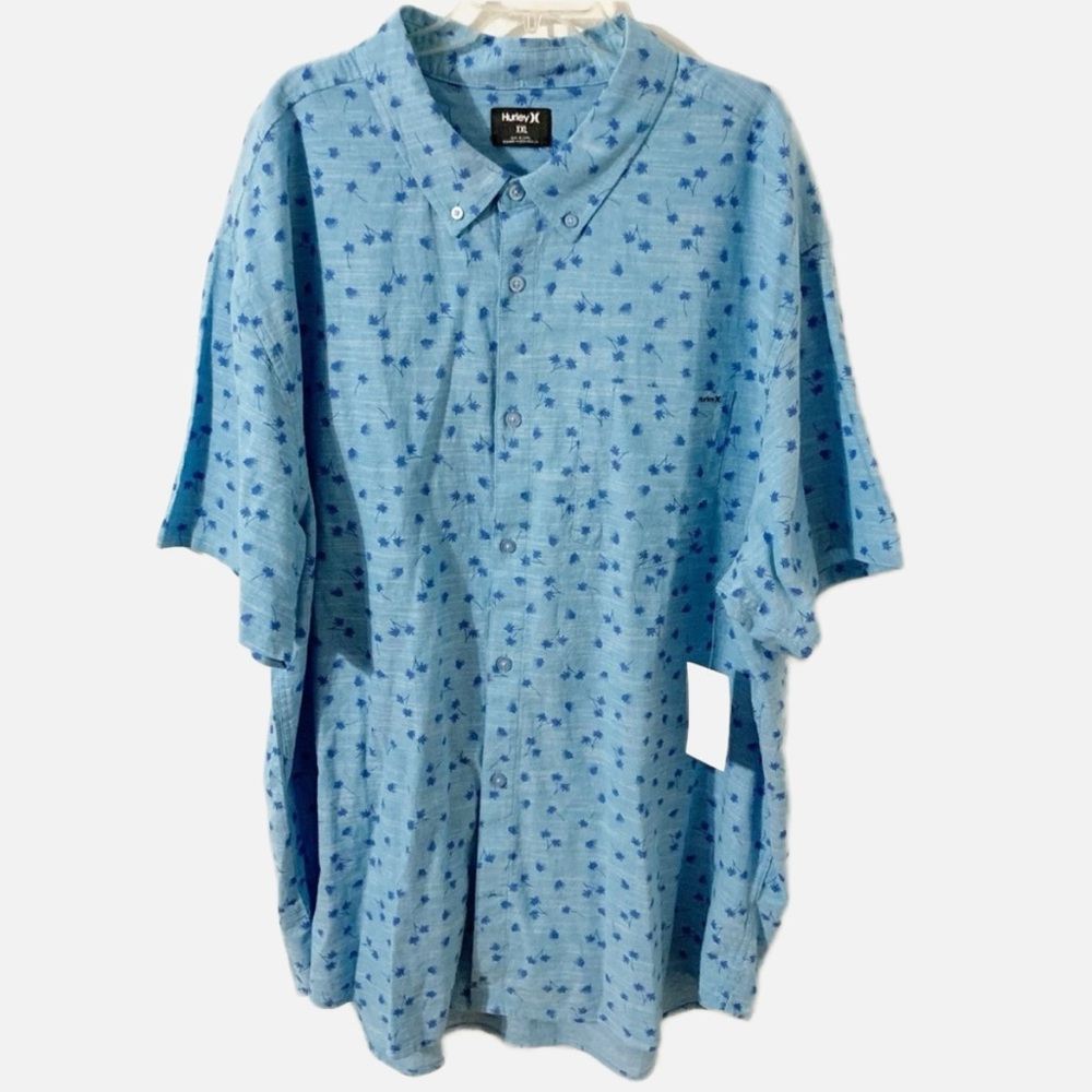 NWT Hurley Palm Tree Print Short Sleeve Button Front Shirt Pointed Collar 💙🩵🌴